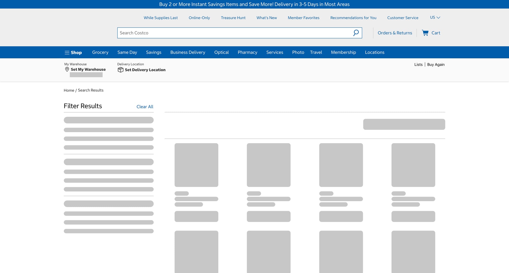 Costco search results page (we’ll extract product cards + pagination)
