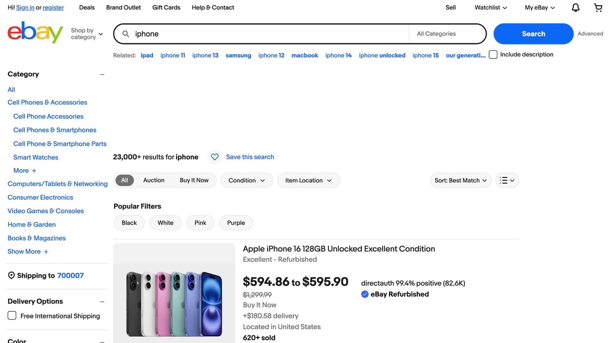eBay search results (we will scrape listing cards)