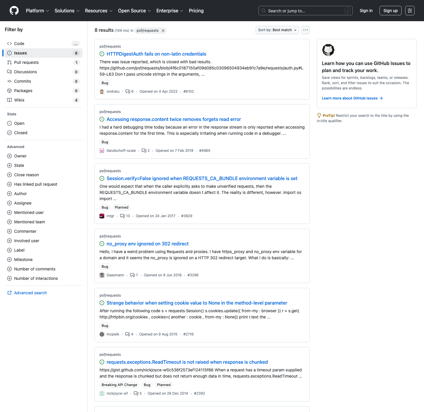 GitHub issue search results for psf/requests bugs
