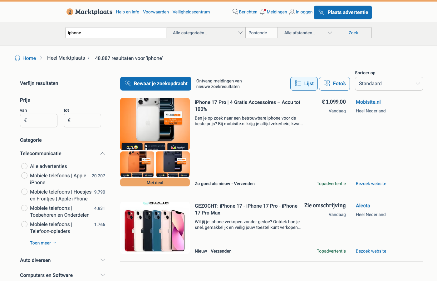 Marktplaats search results page (we’ll scrape listing cards)
