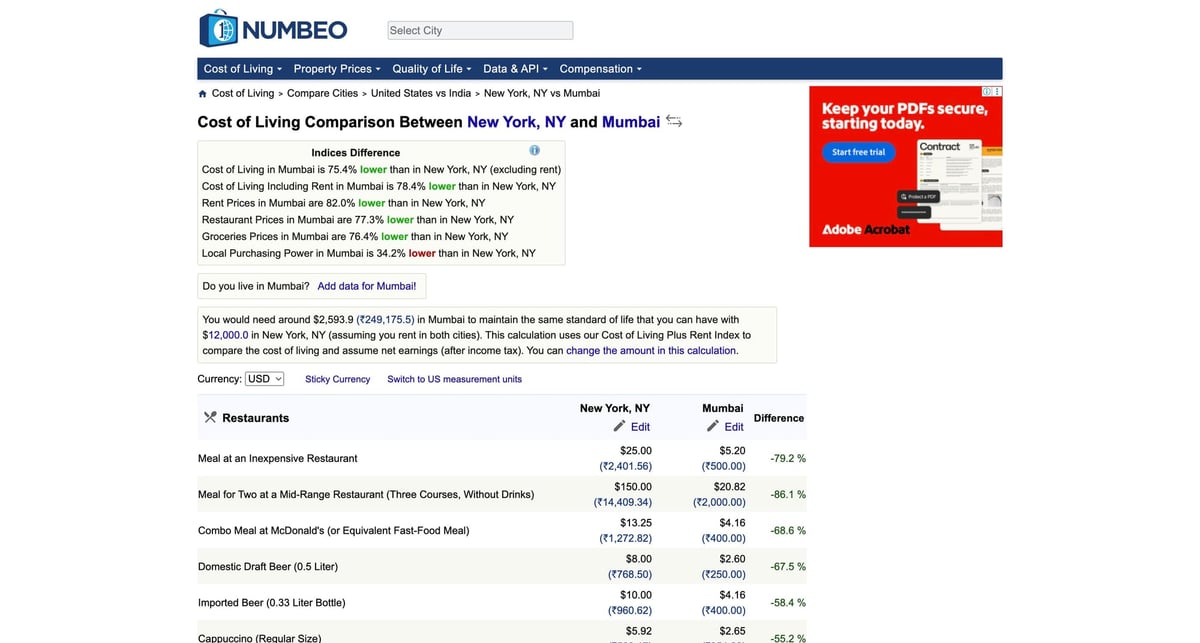 Numbeo comparison page (we scrape the main comparison table)