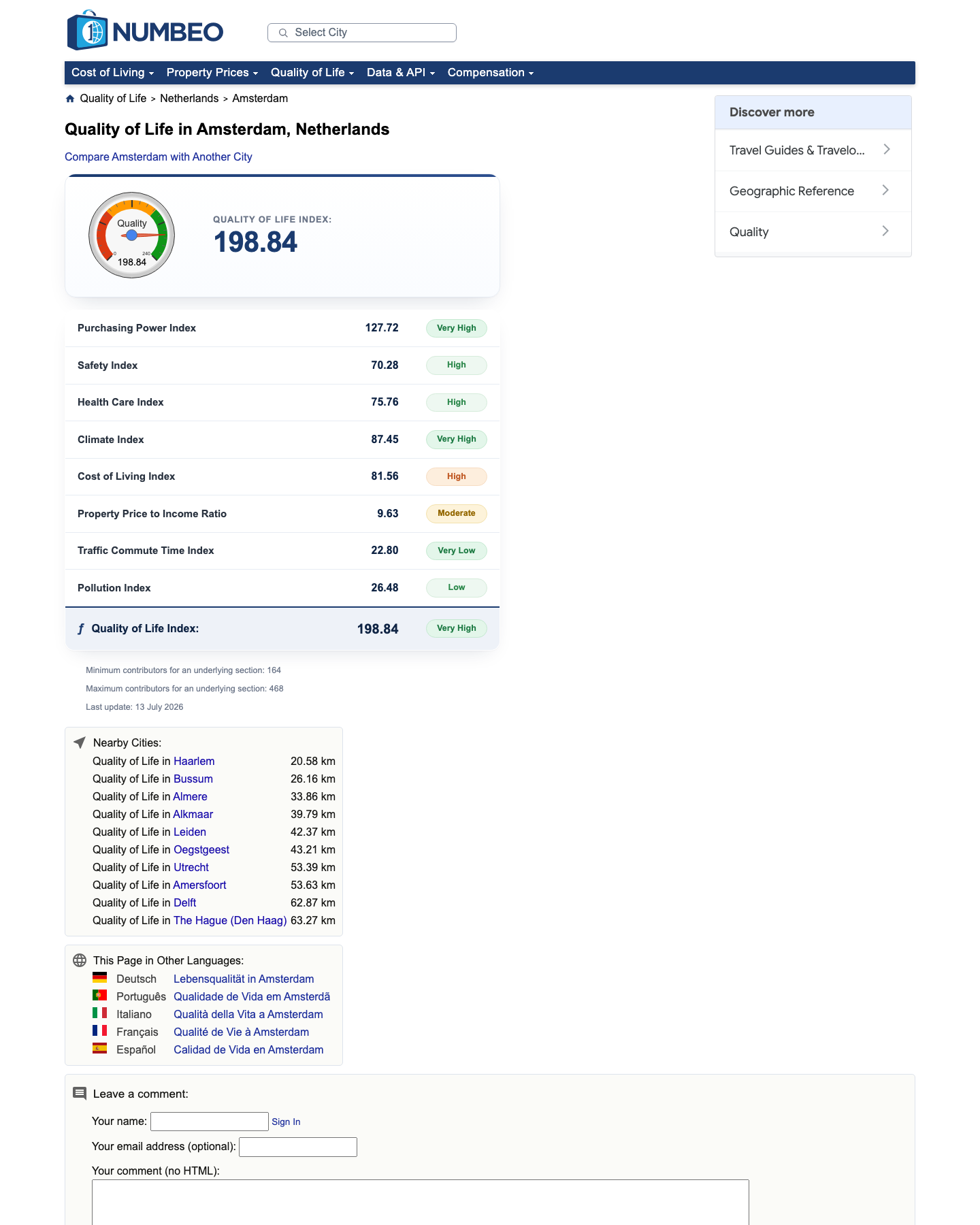 Numbeo quality-of-life page for Amsterdam