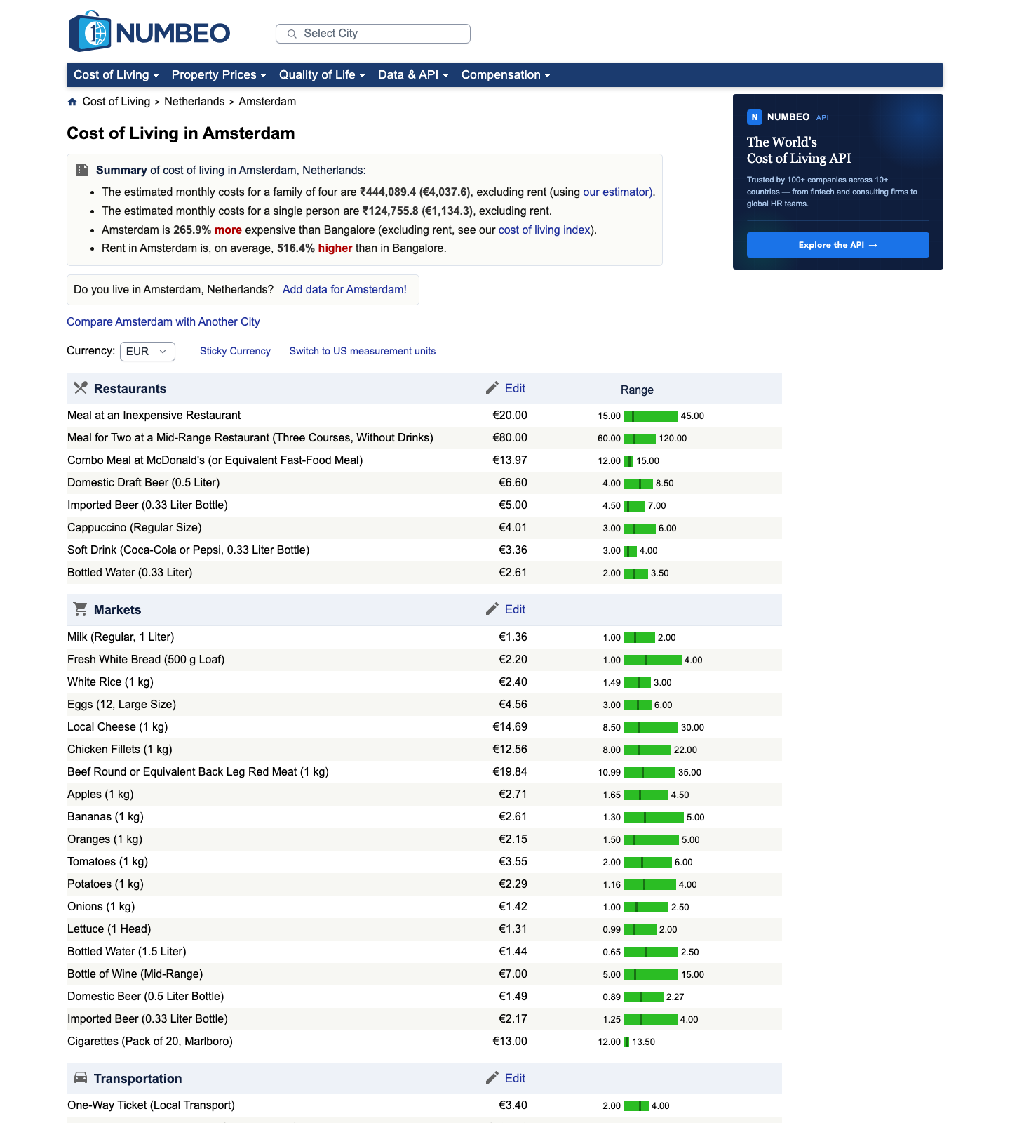 Numbeo restaurant prices page screenshot