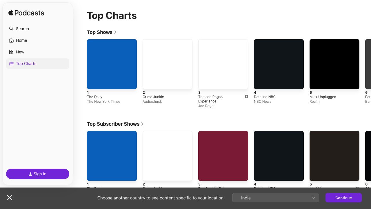 Apple Podcasts charts (we will scrape chart entries and follow show links)