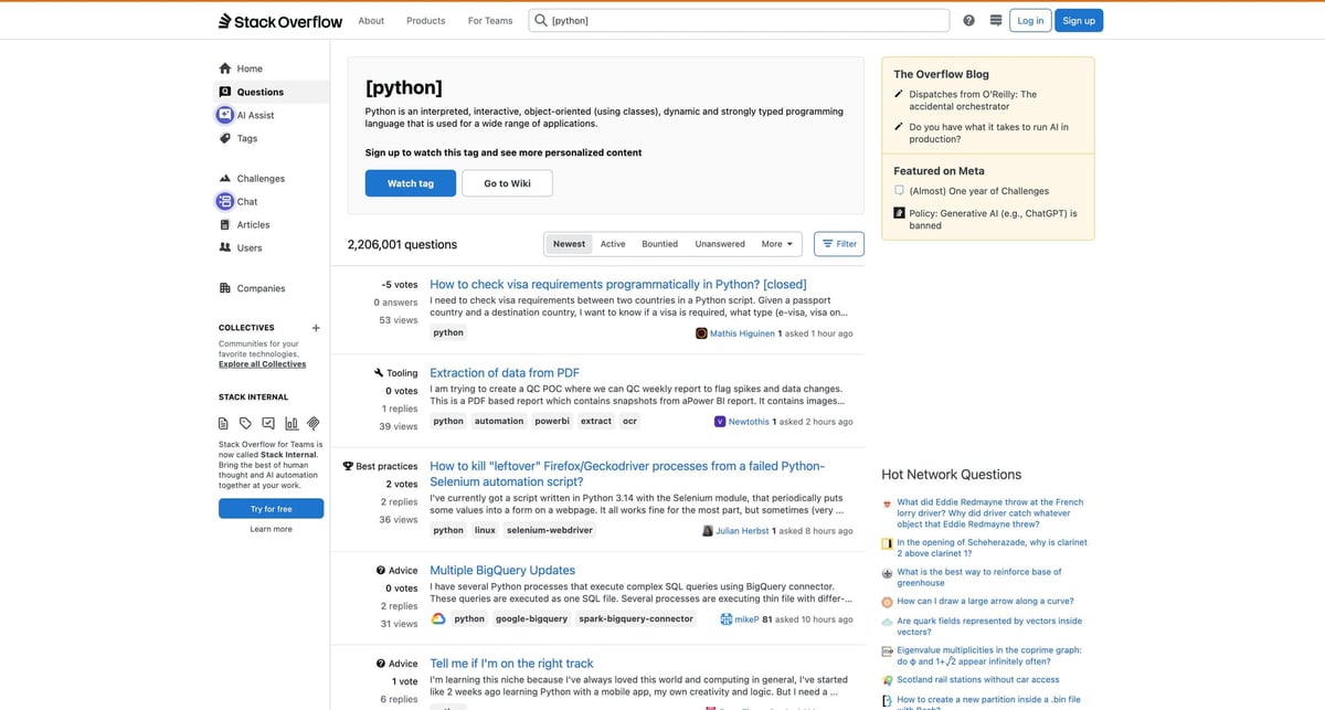 Stack Overflow tag page we’ll crawl for question links