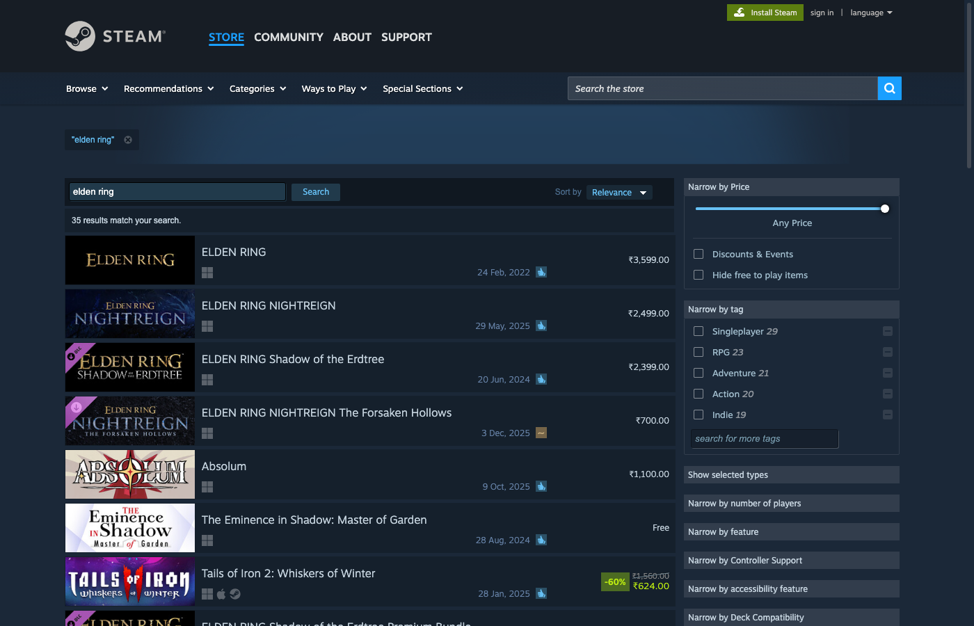 Steam search results page (we’ll scrape title, price, discount, review summary)