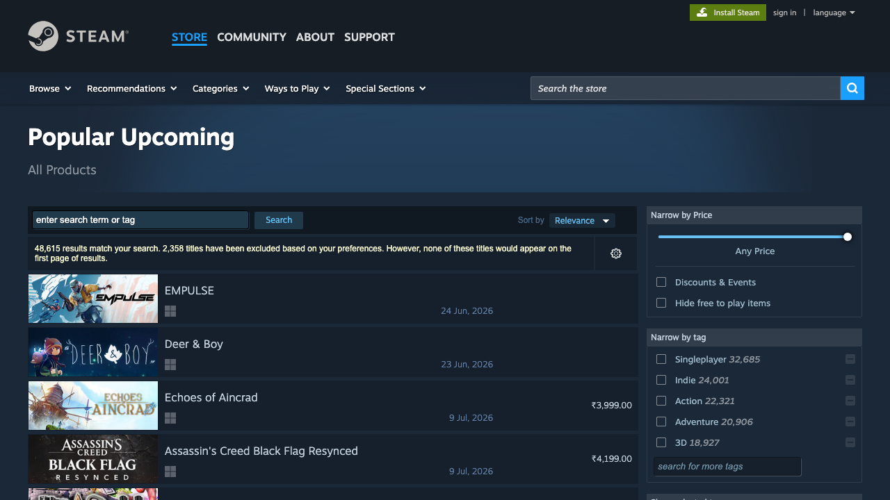 Steam upcoming releases page