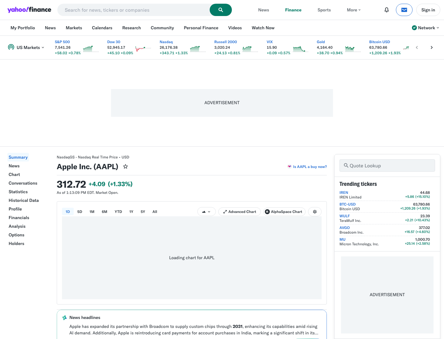 Yahoo Finance AAPL quote page with the Options tab visible
